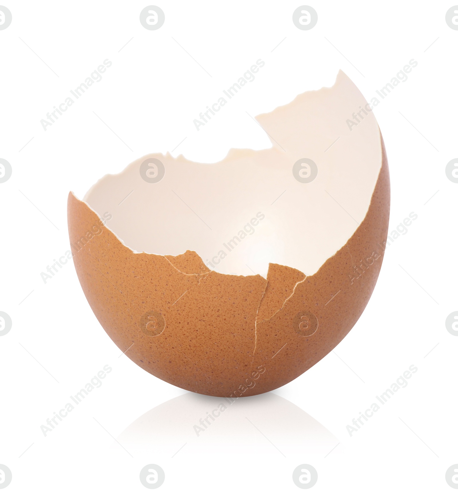 Photo of One piece of broken eggshell on mirror surface against white background