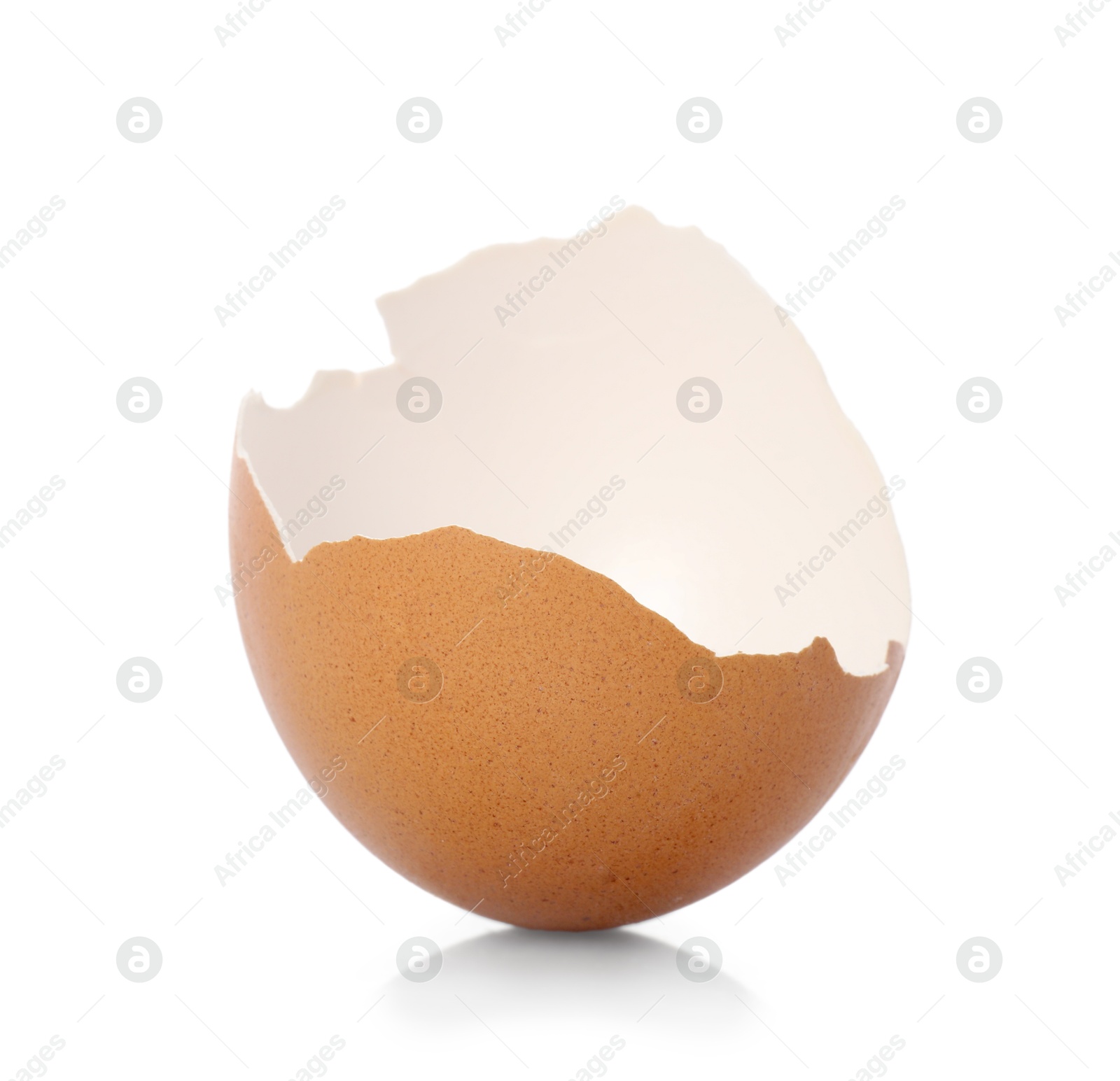 Photo of One piece of broken eggshell on mirror surface against white background