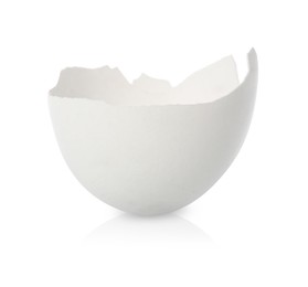 Photo of One piece of broken eggshell on mirror surface against white background