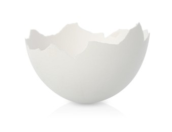 Photo of One piece of broken eggshell on mirror surface against white background