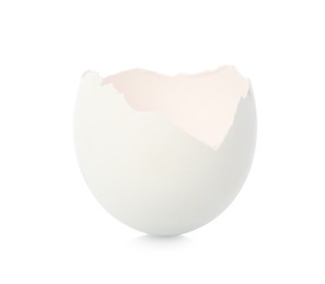 Photo of One piece of broken eggshell on mirror surface against white background