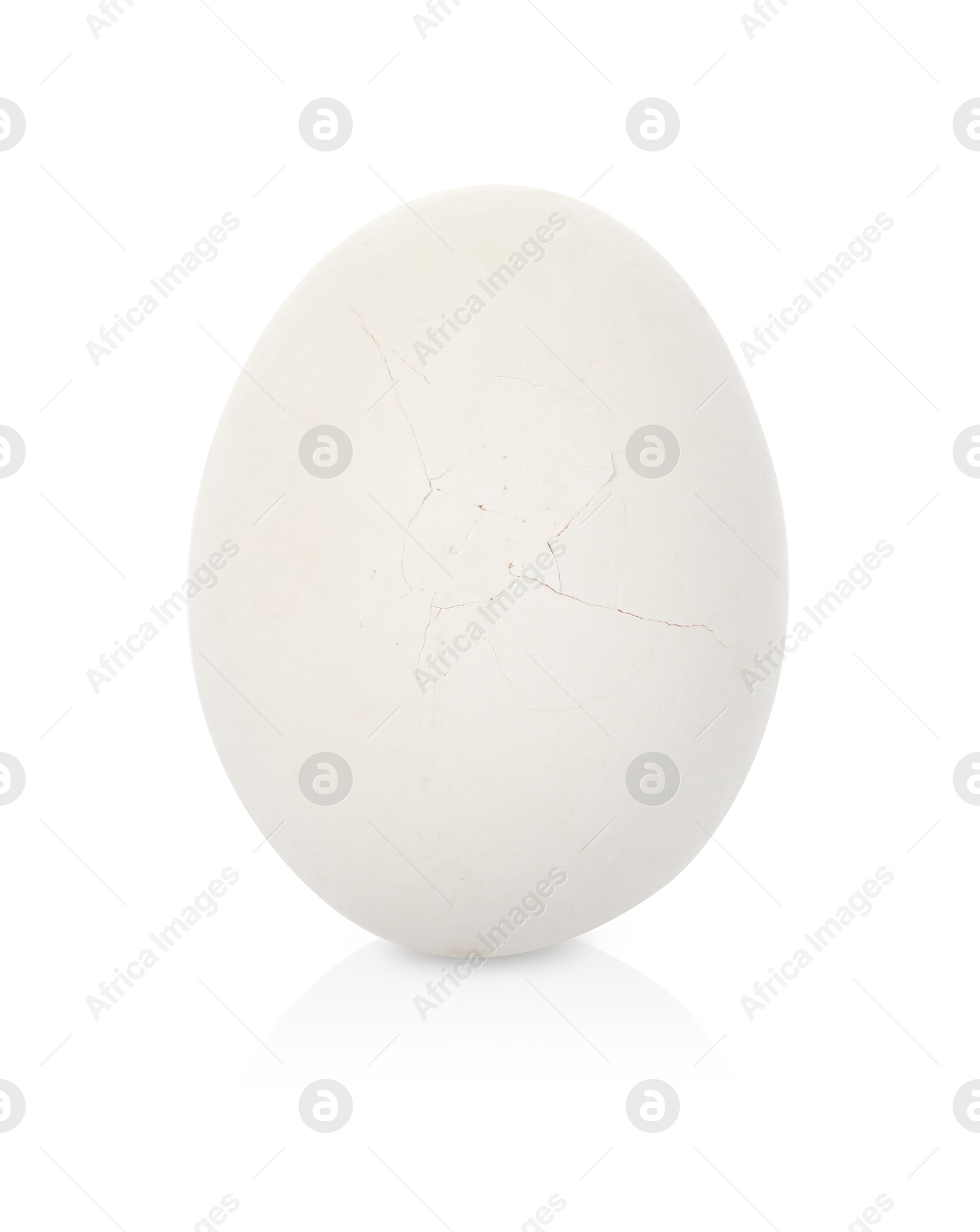 Photo of One piece of broken eggshell on mirror surface against white background