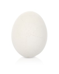 Photo of One piece of broken eggshell on mirror surface against white background