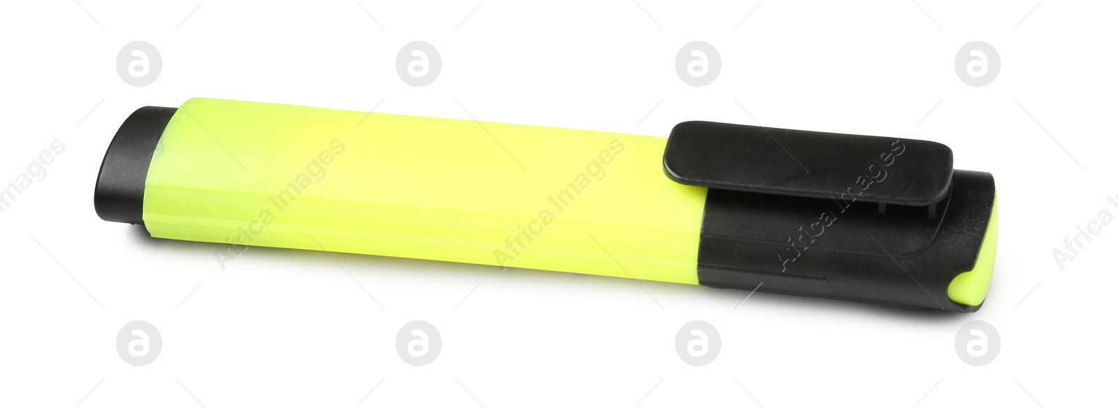 Photo of One bright highlighter isolated on white. School stationery