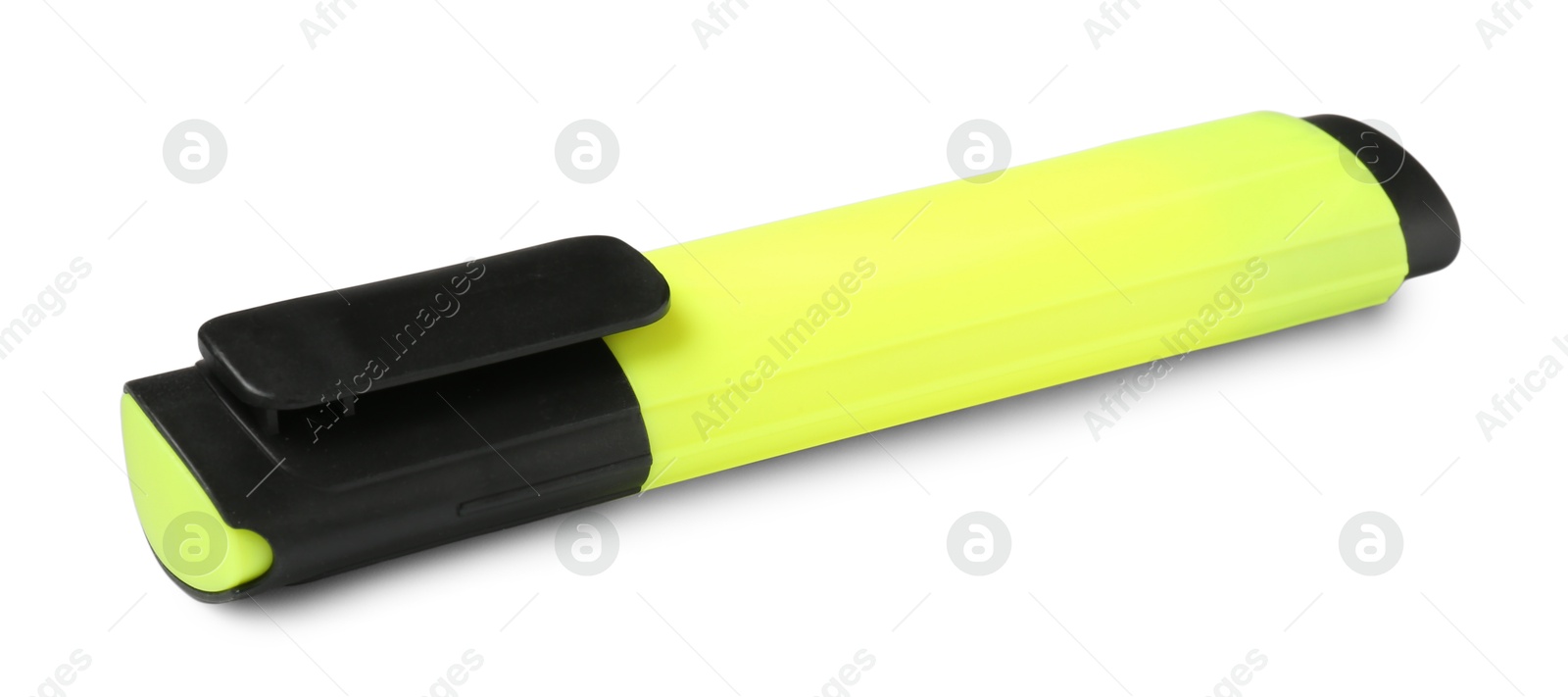 Photo of One bright highlighter isolated on white. School stationery