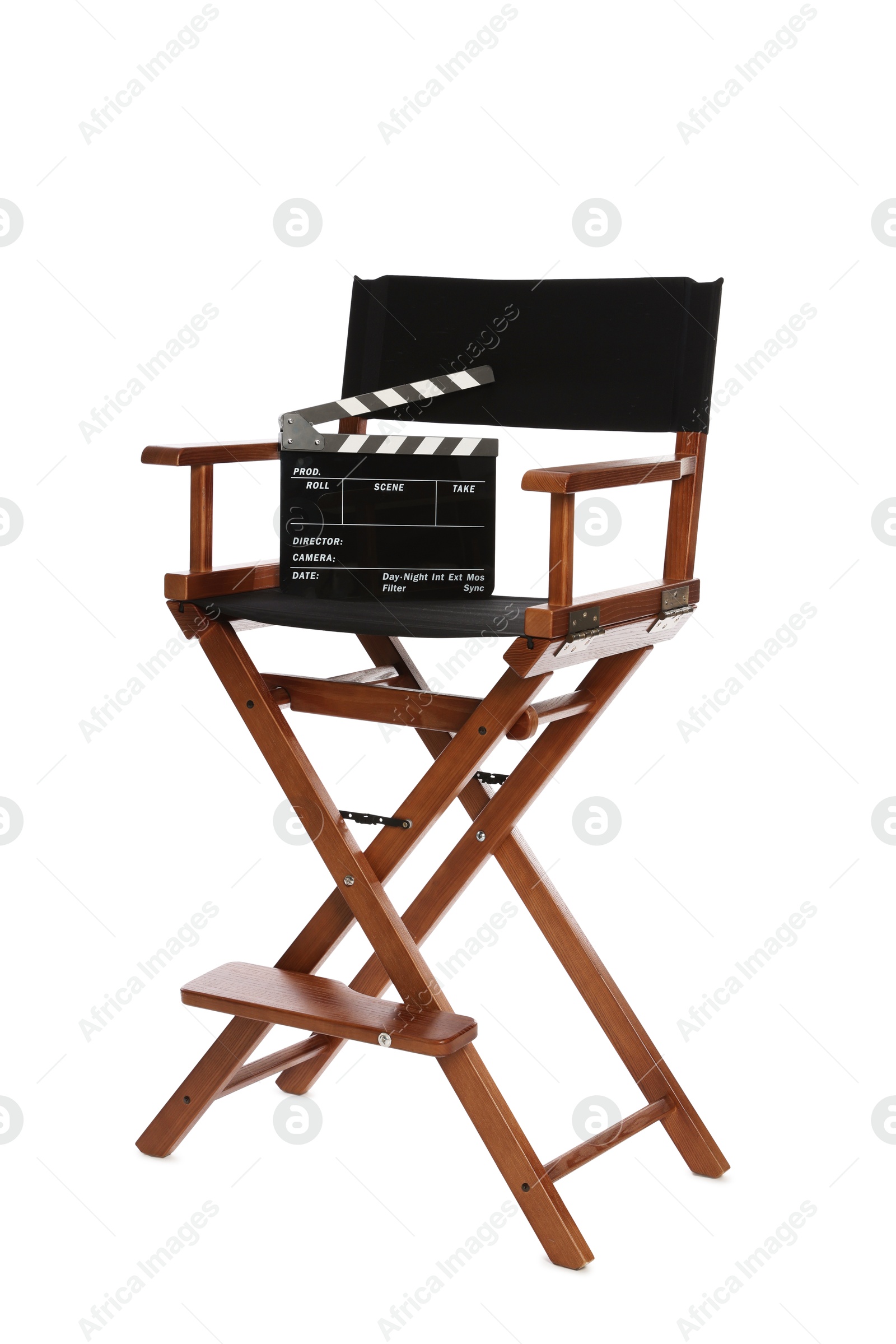 Photo of Director's chair with clapperboard isolated on white