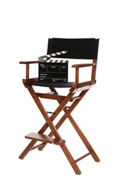 Photo of Director's chair with clapperboard isolated on white