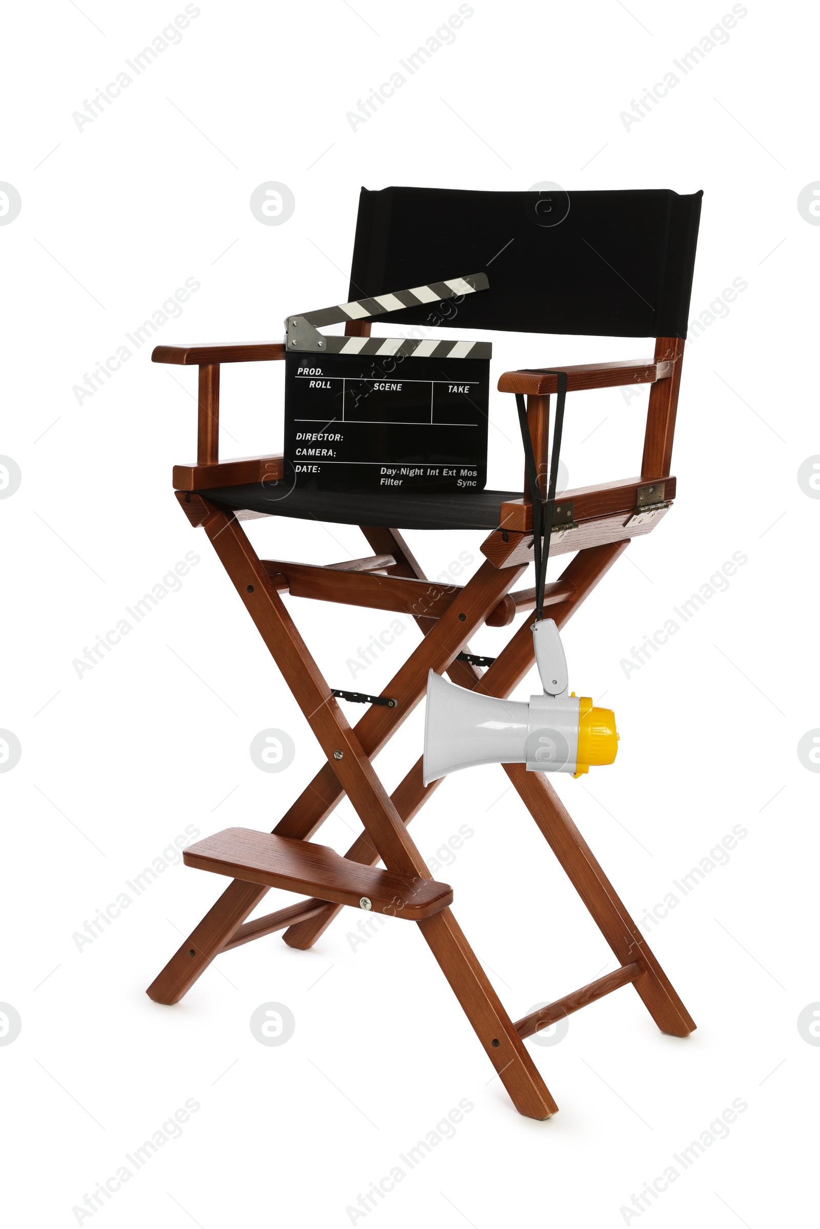 Photo of Director's chair with clapperboard and megaphone isolated on white