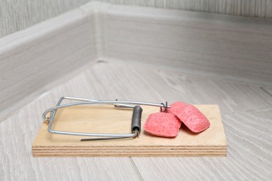 Photo of Mouse trap with rat poison on floor indoors, closeup