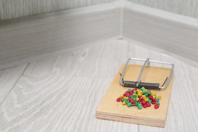 Photo of Mouse trap with rat poison on floor indoors, closeup. Space for text