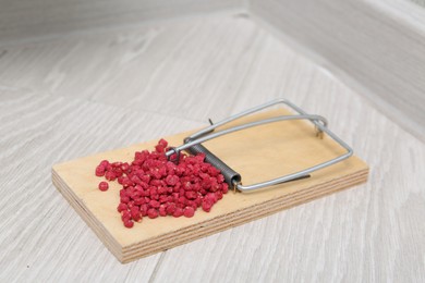 Photo of Mouse trap with rat poison on floor indoors, closeup