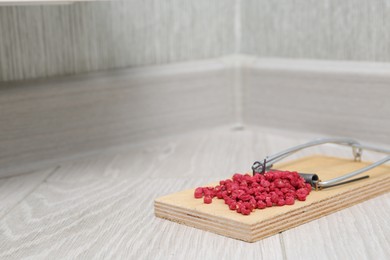 Photo of Mouse trap with rat poison on floor indoors, closeup. Space for text