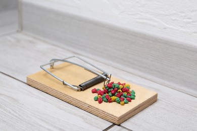 Photo of Mouse trap with rat poison on floor indoors, closeup