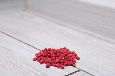 Photo of Pile of rat poison on floor indoors, closeup. Space for text