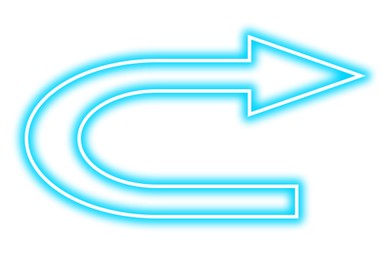 Image of Light blue neon arrow-shaped pointer on white background