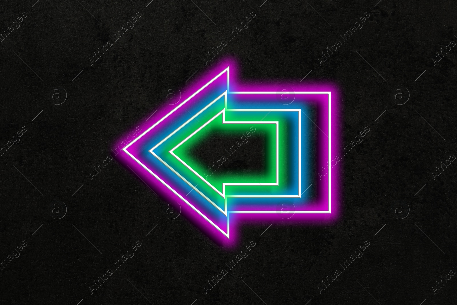 Image of Neon pointer with arrow on black textured wall