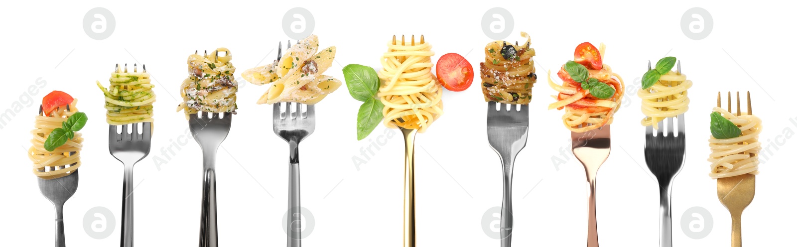 Image of Forks with different types of tasty pasta isolated on white, set