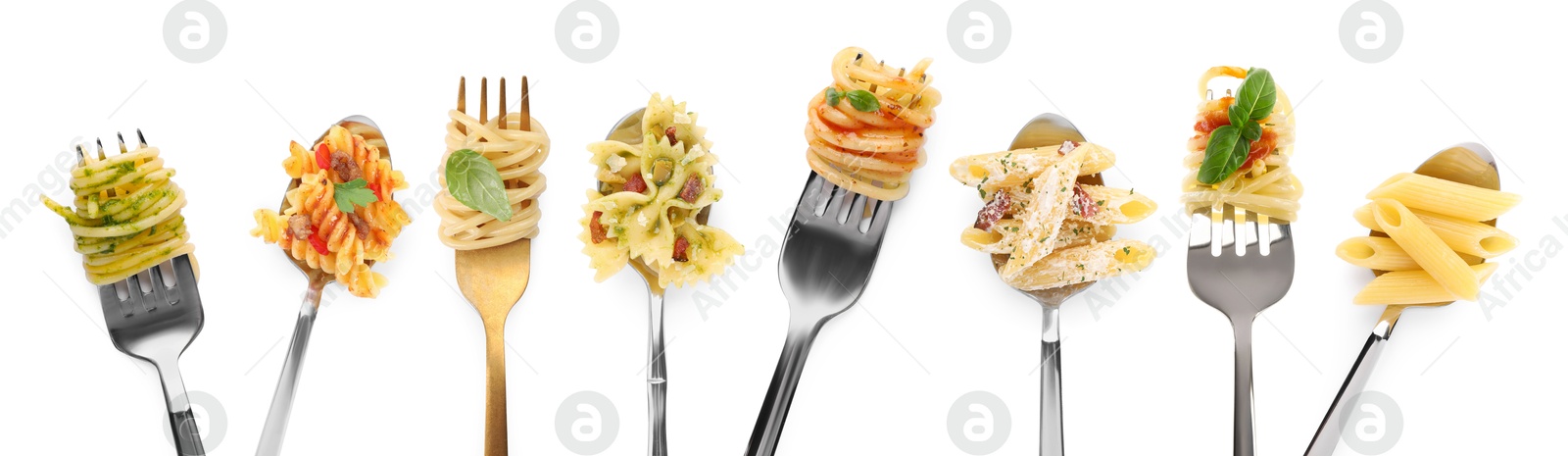 Image of Forks with different types of tasty pasta isolated on white, set