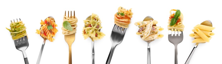 Image of Forks with different types of tasty pasta isolated on white, set