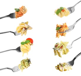 Image of Forks with different types of tasty pasta isolated on white, set