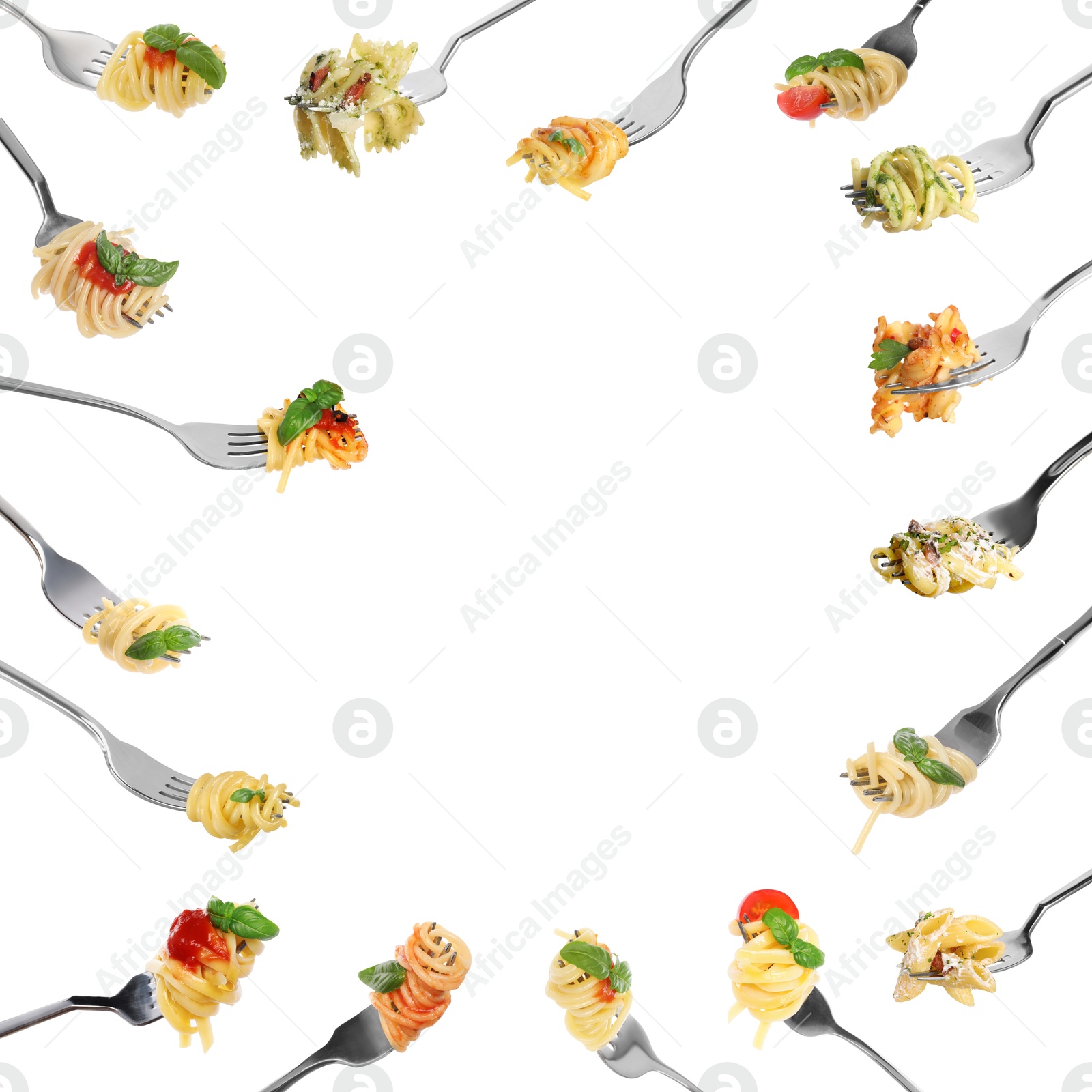 Image of Forks with different types of tasty pasta isolated on white, set