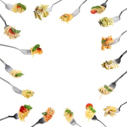 Image of Forks with different types of tasty pasta isolated on white, set