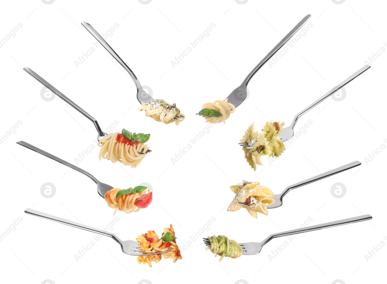 Image of Forks with different types of tasty pasta isolated on white, set