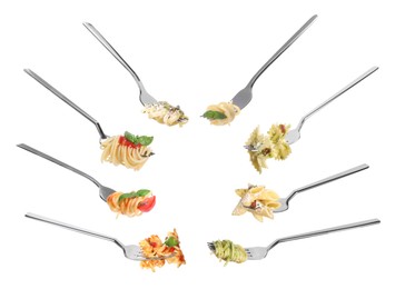 Image of Forks with different types of tasty pasta isolated on white, set