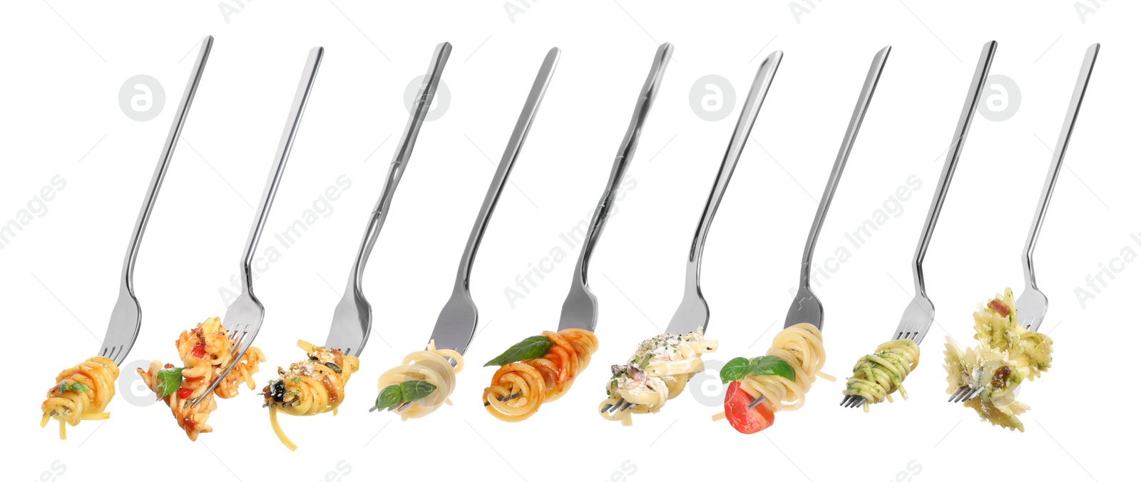 Image of Forks with different types of tasty pasta isolated on white, set