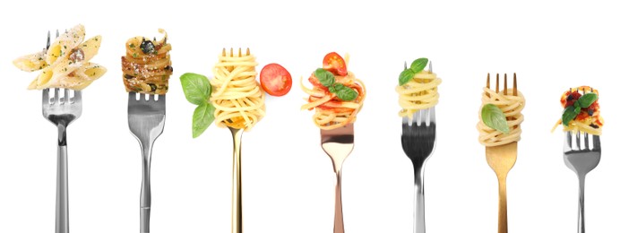 Image of Forks with different types of tasty pasta isolated on white, set