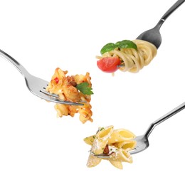 Image of Forks with different types of tasty pasta isolated on white, set