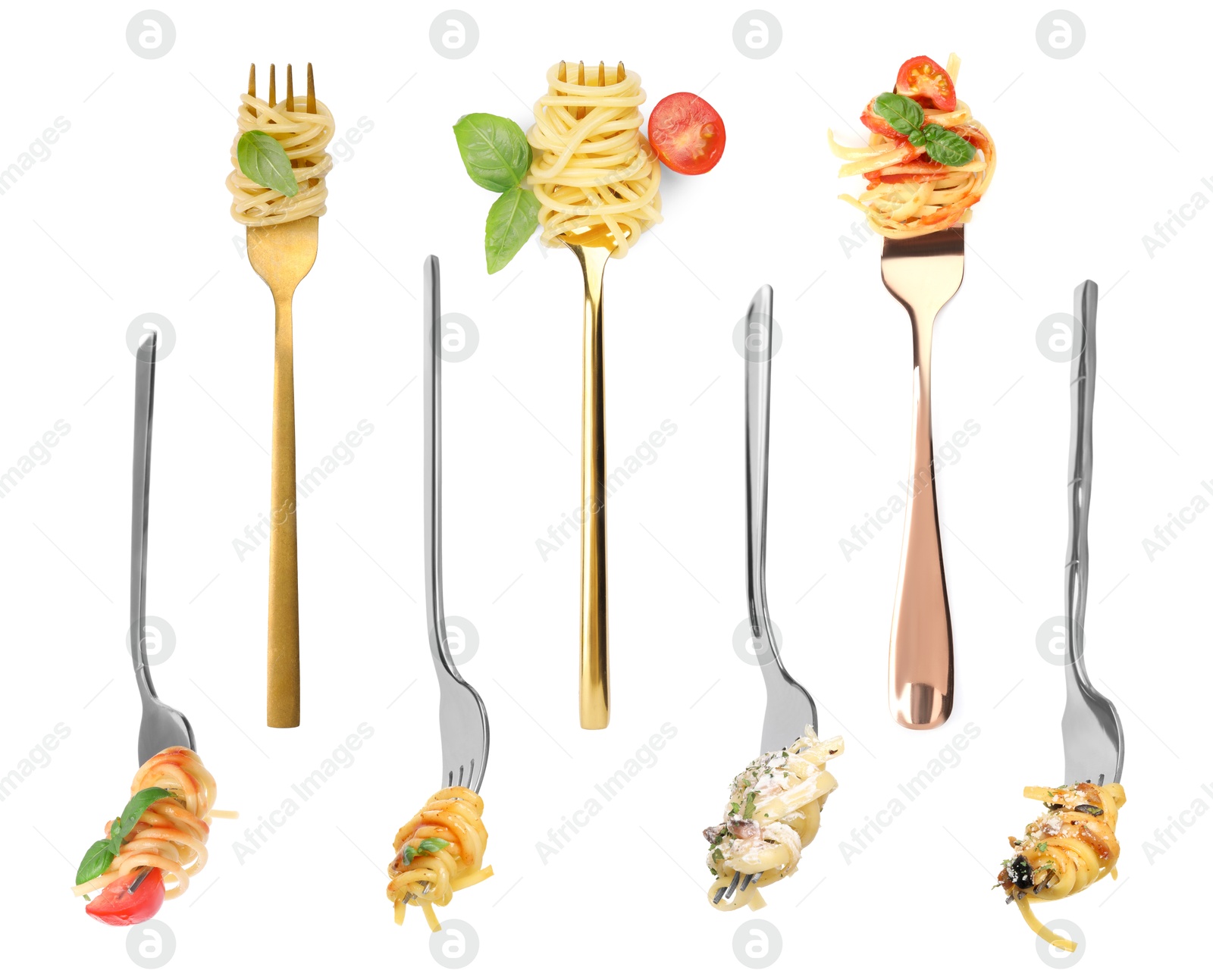 Image of Forks with different types of tasty pasta isolated on white, set