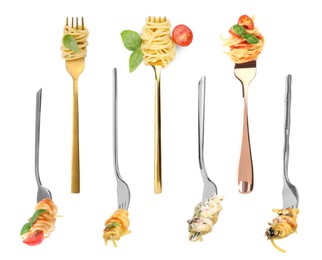 Image of Forks with different types of tasty pasta isolated on white, set