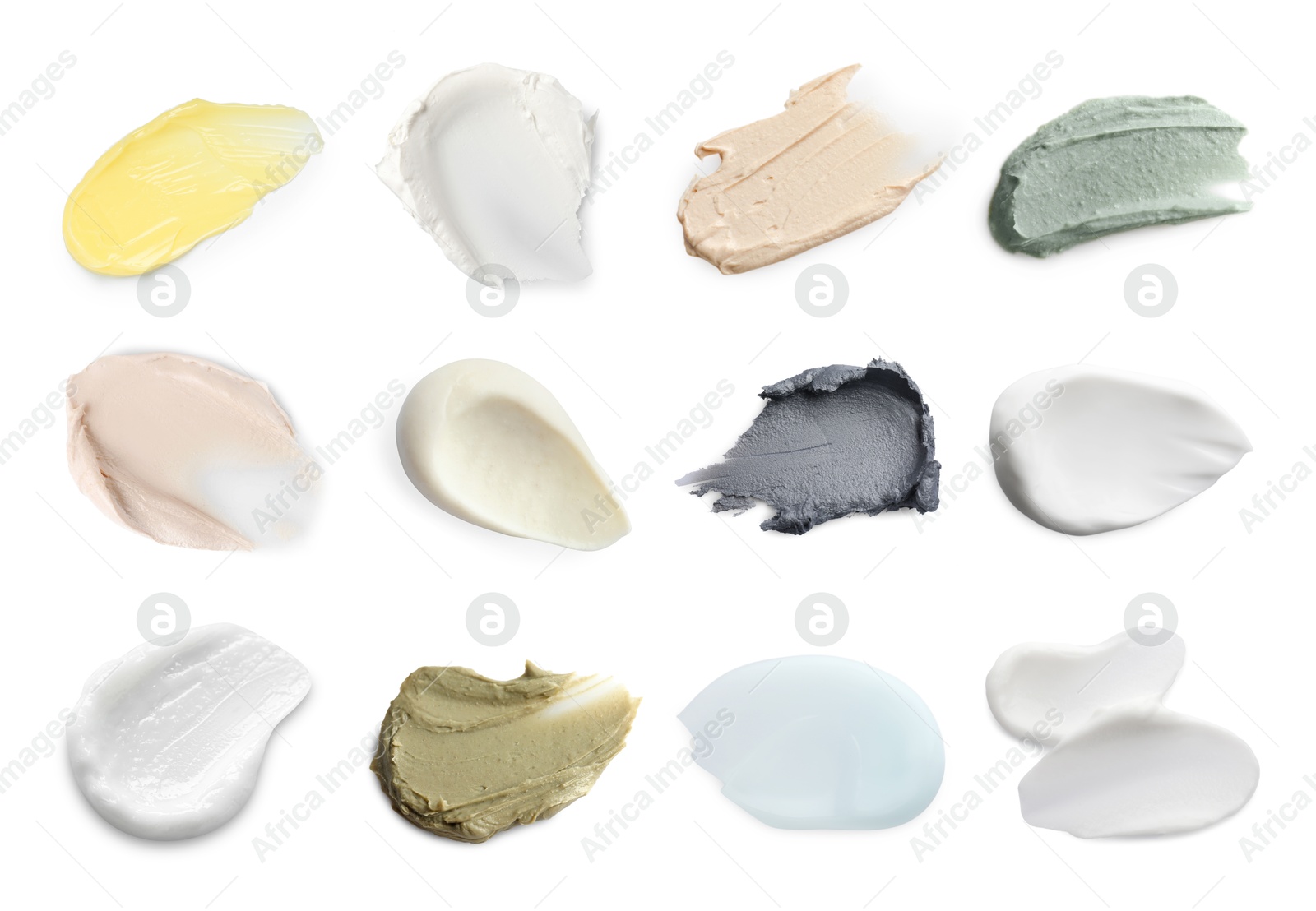 Image of Samples of different creams isolated on white, top view