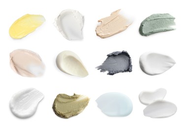 Image of Samples of different creams isolated on white, top view