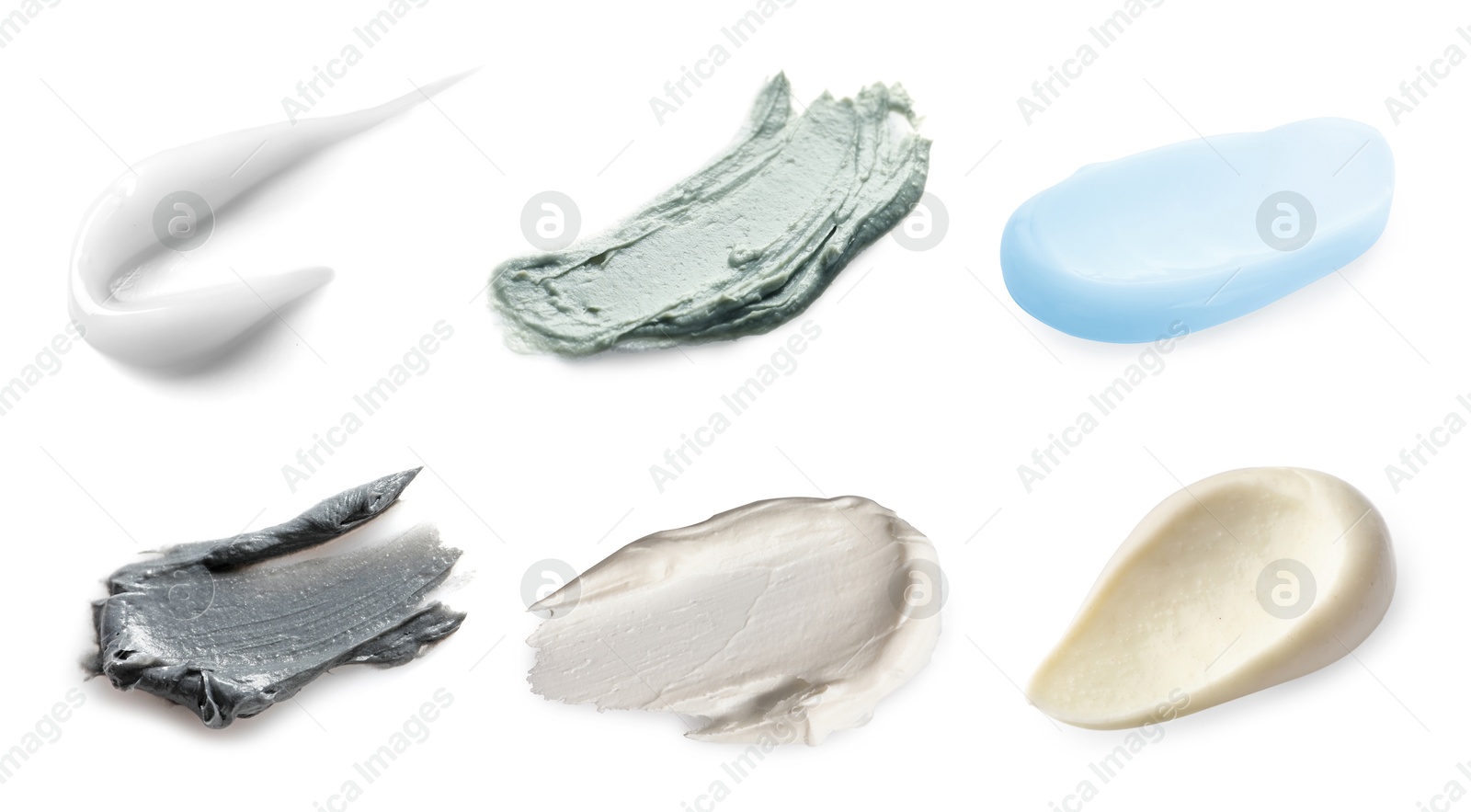 Image of Samples of different creams isolated on white, top view