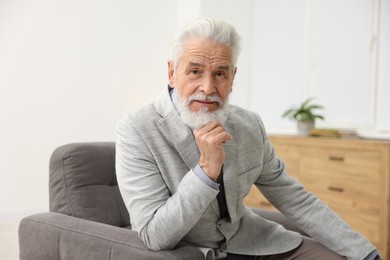 Portrait of handsome bearded man in armchair indoors