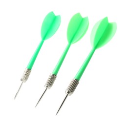 Photo of Green dart arrows in air isolated on white. Sports equipment