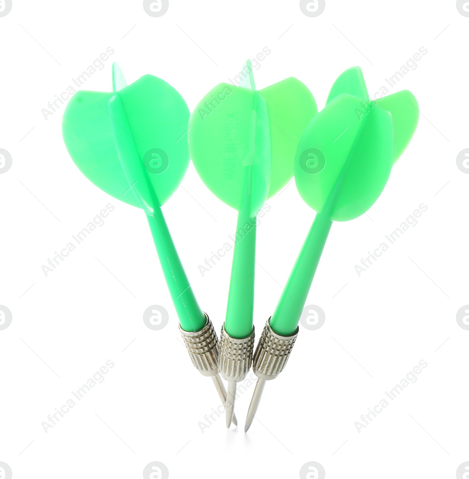 Photo of Green dart arrows in air isolated on white. Sports equipment