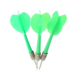 Photo of Green dart arrows in air isolated on white. Sports equipment