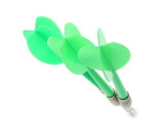 Photo of Green dart arrows in air isolated on white. Sports equipment