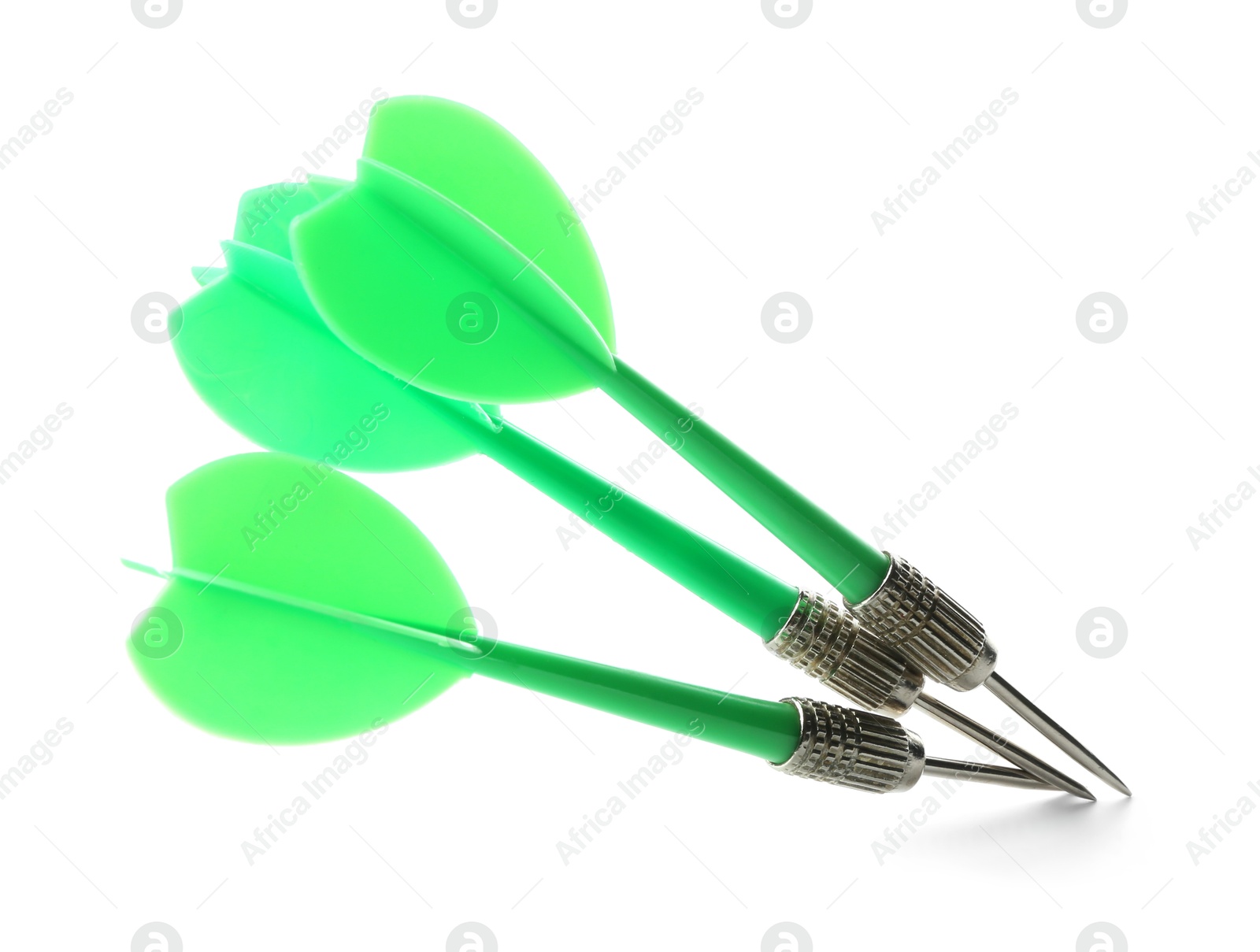 Photo of Green dart arrows in air isolated on white. Sports equipment