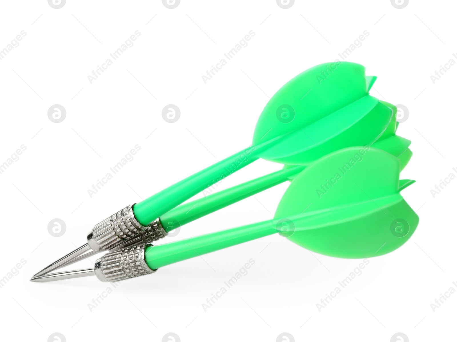 Photo of Green dart arrows in air isolated on white. Sports equipment