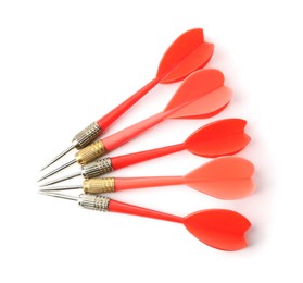 Photo of Red dart arrows isolated on white, top view. Sports equipment