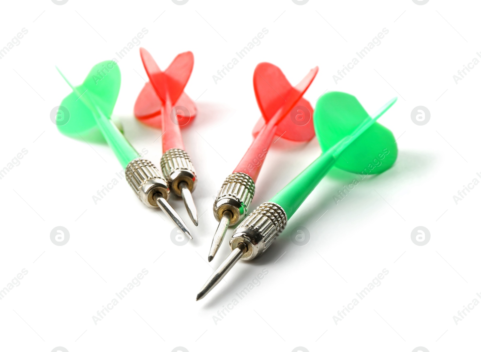 Photo of Colorful dart arrows isolated on white. Sports equipment