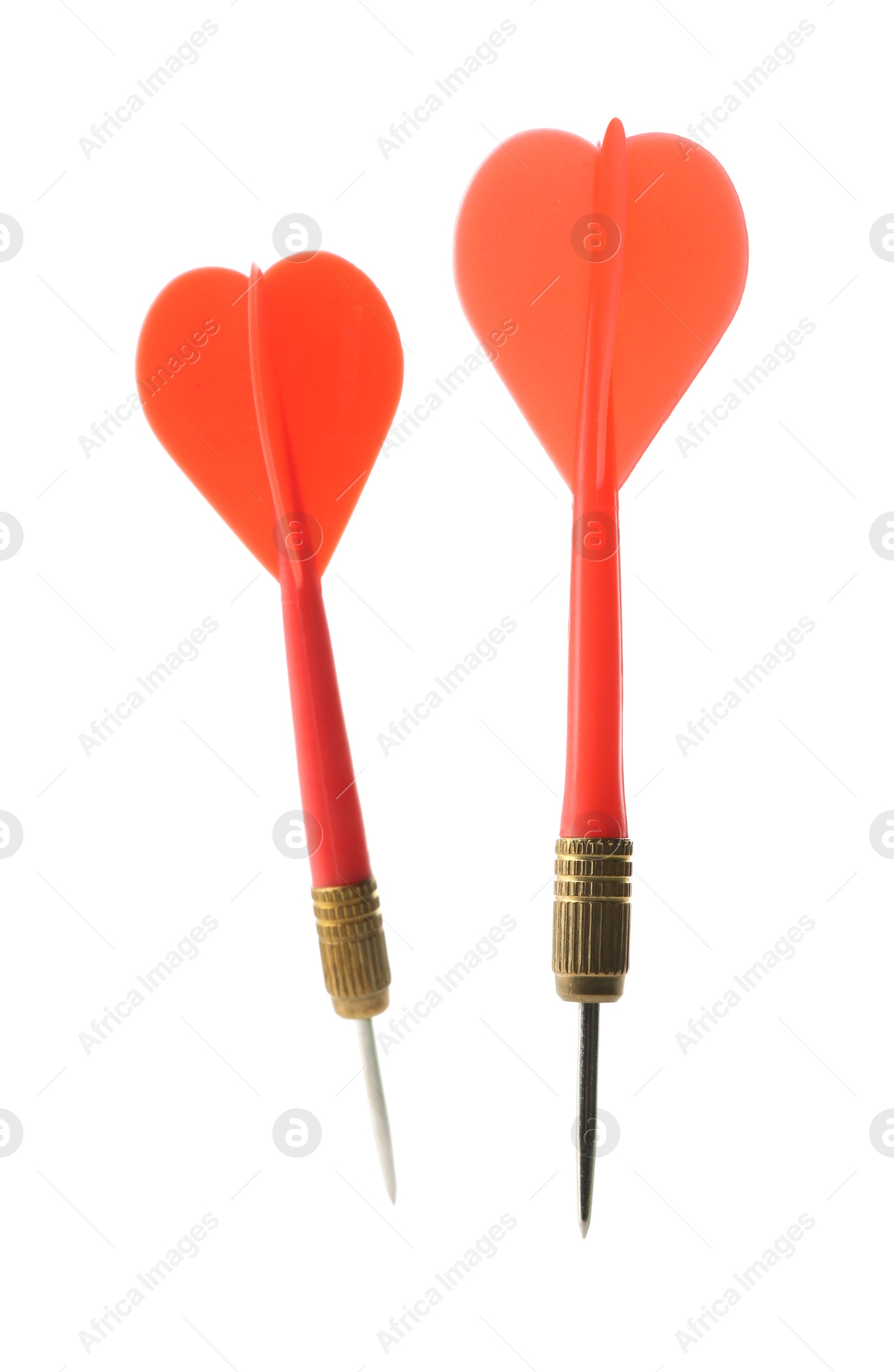 Photo of Red dart arrows in air isolated on white. Sports equipment