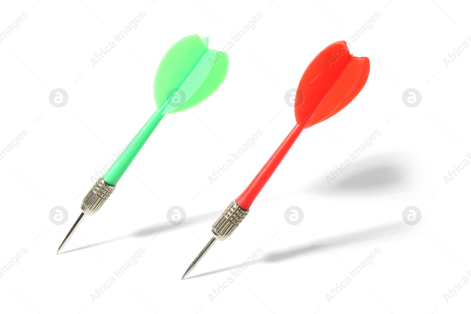 Photo of Colorful dart arrows isolated on white. Sports equipment