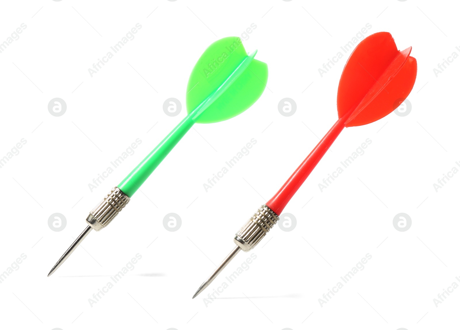 Photo of Colorful dart arrows isolated on white. Sports equipment