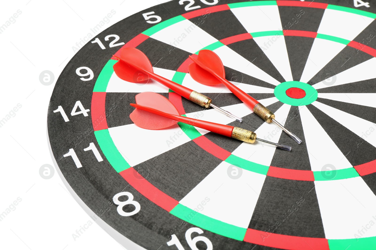 Photo of Dartboard and arrows on white background. Sports equipment