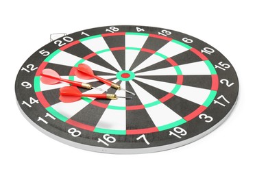 Photo of Dartboard and arrows isolated on white. Sports equipment